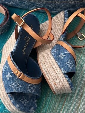 Louis Vuitton Helios Denim Monogram Espadrille Wedge Sandal